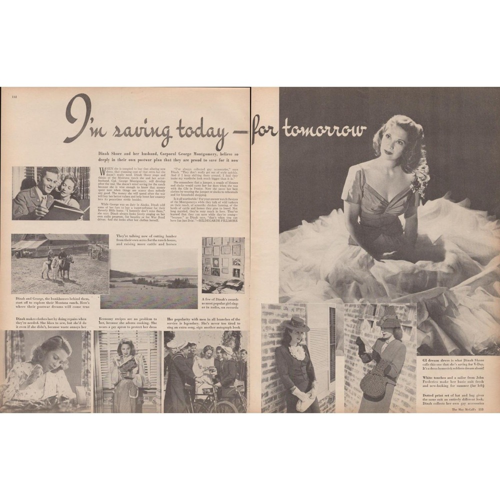 Vintage 1945 Dinah‎ Shore George Montgomery WWII Era Editorial Magazine Print